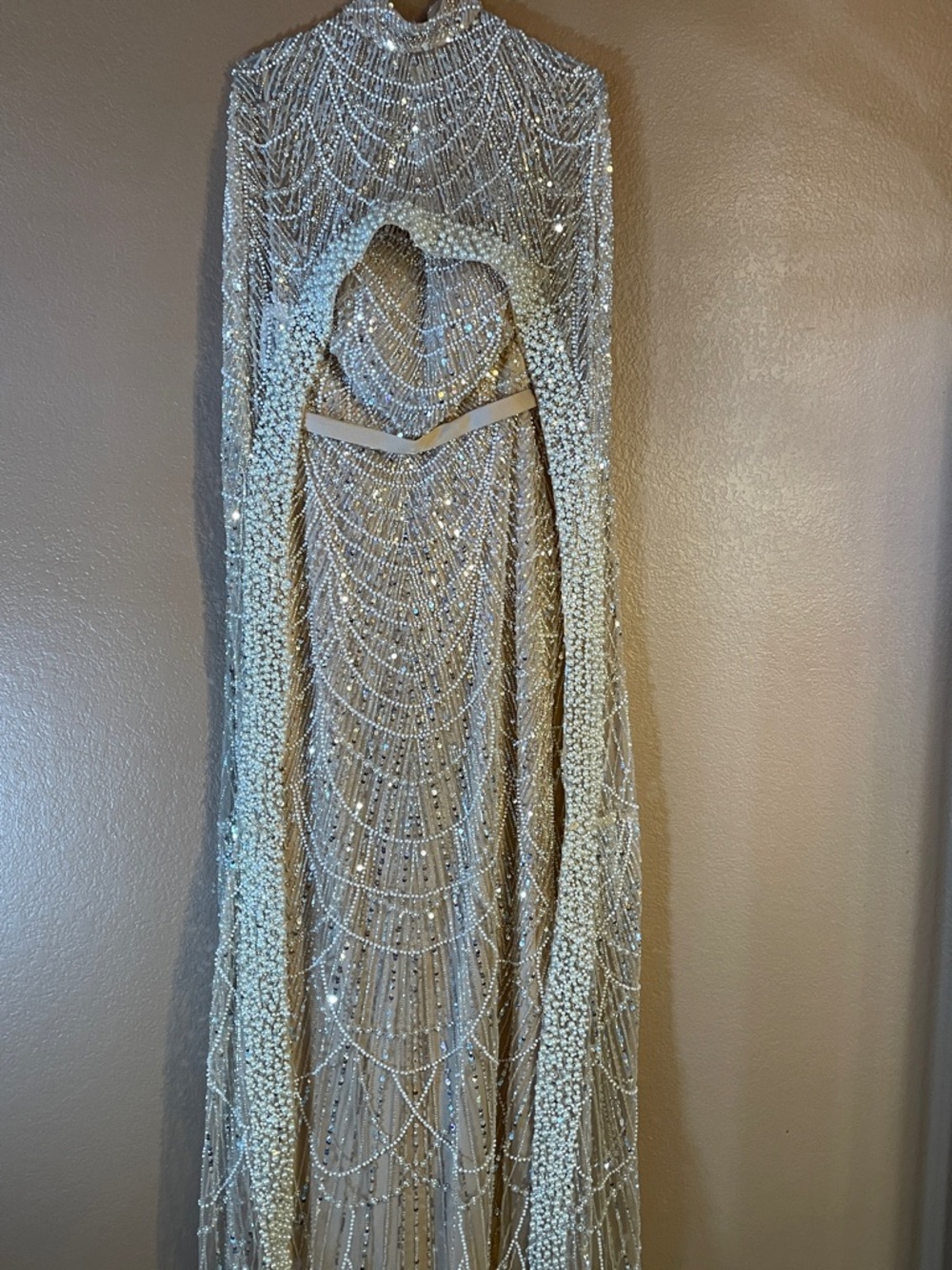 Beaded Cape Gown in Champagne - Picture 2 of 10